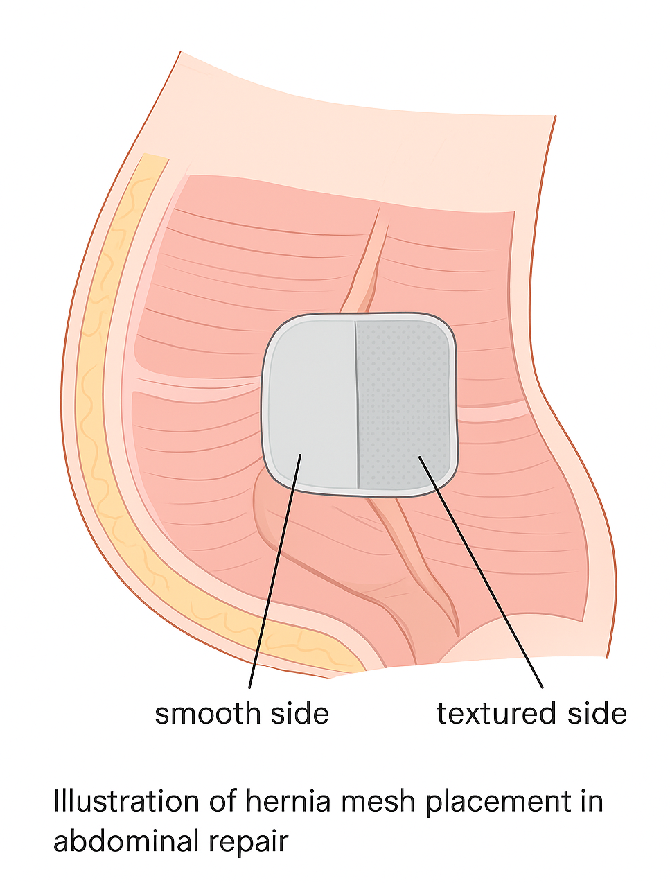 Medical illustration of Gore-Tex DualMesh hernia mesh placement in abdominal wall repair, showing smooth and textured sides